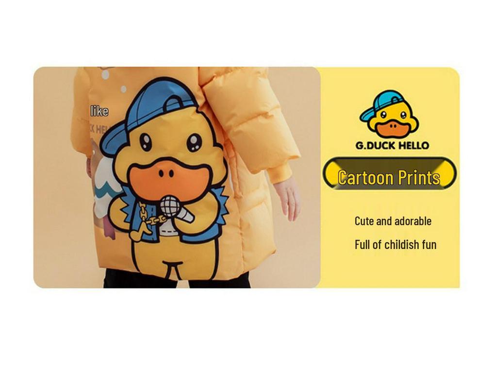 2025 Unisex Yellow Duck Down Jacket for Kids - Mid-Length, Thickened Winter Coat