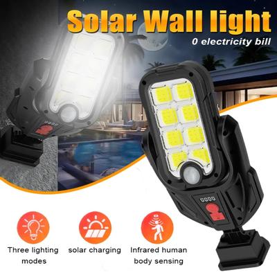 Lâmpada de Parede Ajustável com Múltiplos Ângulos, Alimentada por Energia Solar e Ativada por Movimento, 3 Modos de Luz, Carregamento Solar e USB Duplo para Exterior, Pátio, Jardim