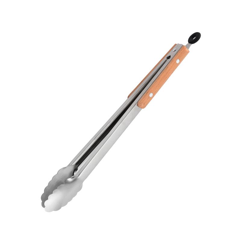 Beechwood-Handled Stainless Steel Food Tongs for Grilling and Serving Steak, Bread, and Cooked Meats.