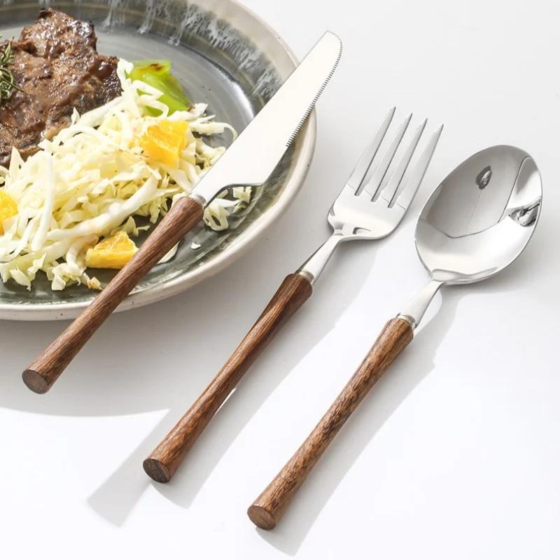 Wood Handle Tableware 304 Stainless Steel Knife Fork Spoon Coffee Spoon Retro Dinnerware Home Kitchen Gadgets Gifts Cutlery Set