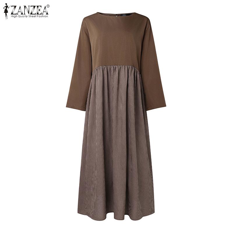 ZANZEA Women Casual Round Neck 3/4 Sleeve Loose Stripe Patchwork Long Dress