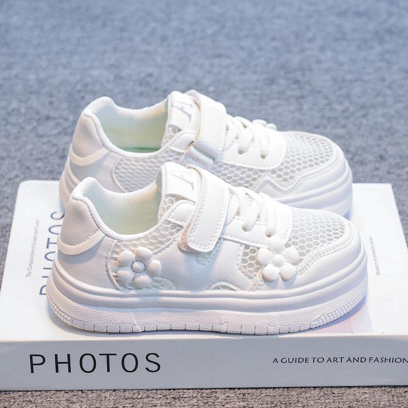 

Девочки Теннисные Кроссовки Сетчатые Дышащие Детские Плоские Туфли со Сладкими Цветами 2025 Новые Детские Спортивные Кроссовки На липучке Белые Модные 27 белый