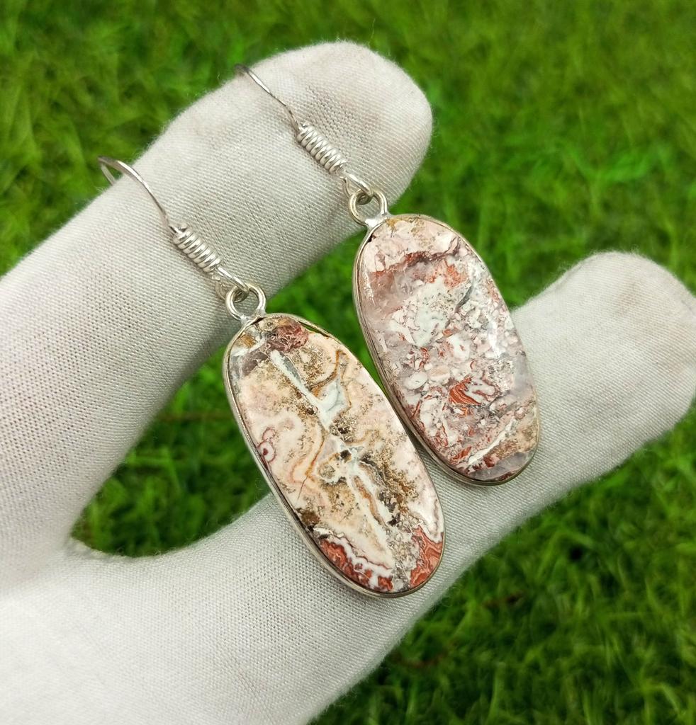 Natural Crazy Lace Agate Gemstone 925 Sterling Silver Plated Oval Shape 1 Pair Bezel Women Earring