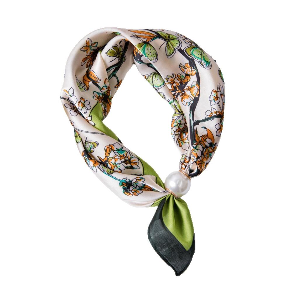 Pearl Magnetic Buckle Silk Scarf Double Square Scarf Necklace Chain Scarf Neck Pattern Small Scarf