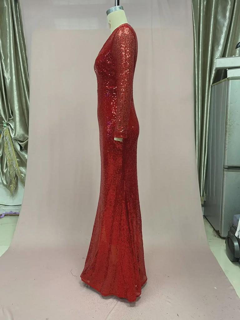 2025 Červené Třpytivé Šaty s Rybím Ocasem, Dlouhým Rukávem a Výstřihem do V pro Ženy
