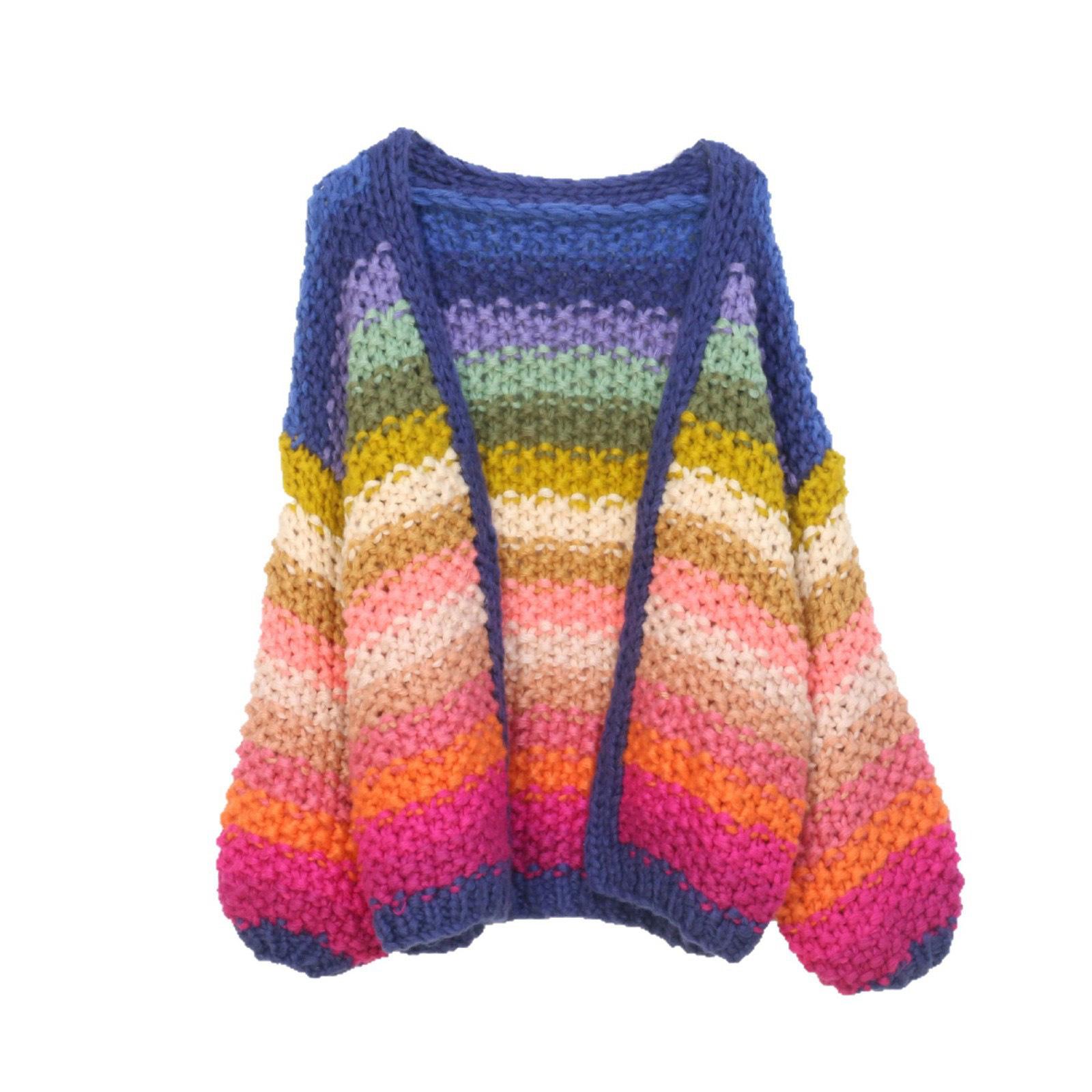 

Женский кардиган крупной вязки в цветную полоску - V-образный вырез, длинный рукав, свободный крой L