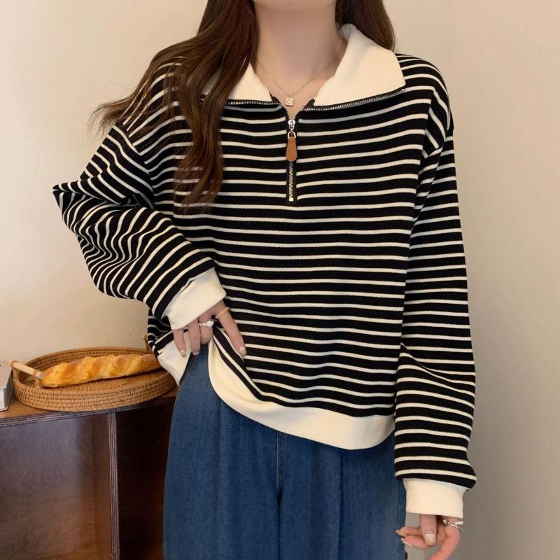 women half-zip striped sweatshirt polo collar long sleeve casual loose fit pullover top