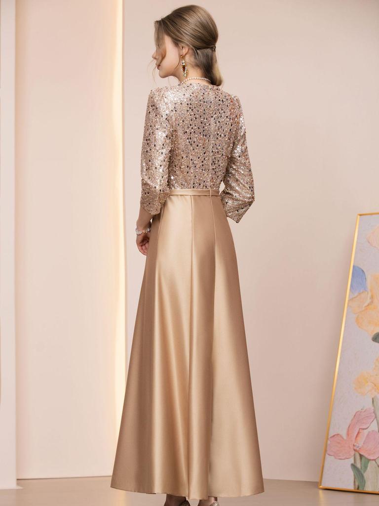 Zhilv Champagne Elegante Strass Patchwork Lange Jurk met Zeven Mouwen en Hoge Taille Rok, Lente 2026.