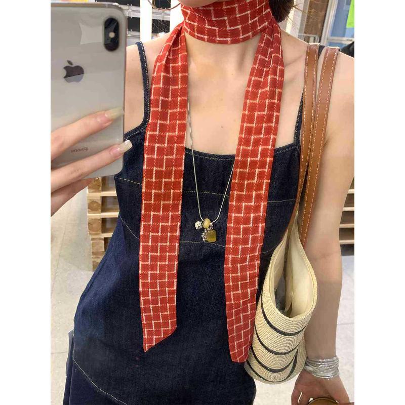 Красный узкий шарф в клетку Винтажный шарф-чокер для женщин Аксессуар для волос и сумки в стиле Y2K