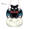 Festive Wooden Wall Hanging Halloween Door Sign, Black Cat Bat Pumpkin Plaque with Indoor Outdoor Holiday Ornament Jute Rope, Farmhouse Front