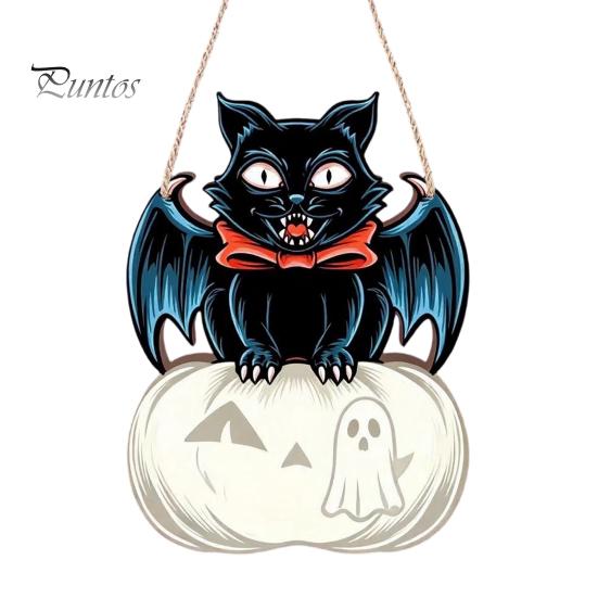 Festive Wooden Wall Hanging Halloween Door Sign, Black Cat Bat Pumpkin Plaque with Indoor Outdoor Holiday Ornament Jute Rope, Farmhouse Front
