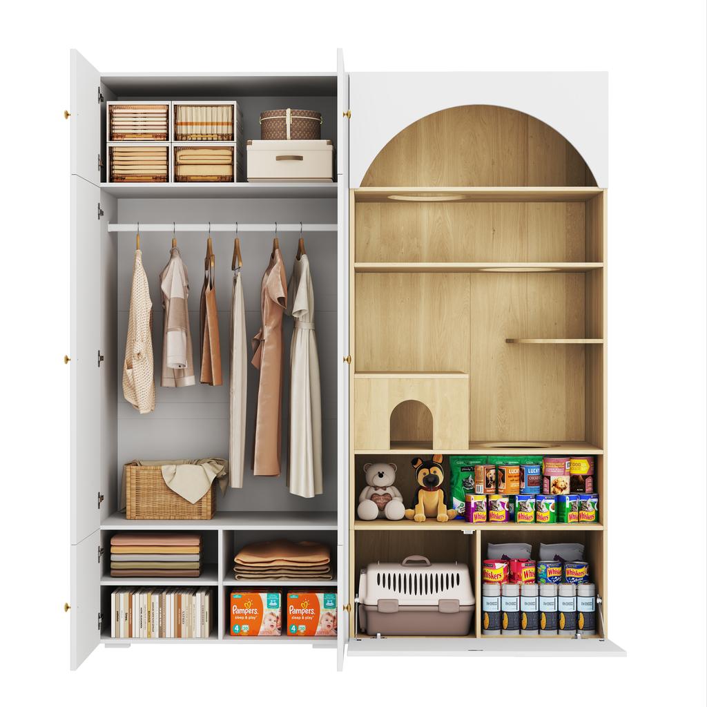 Hallway Wardrobe Set, Pet Cabinet, 180 X 50 X 200 Cm, with 1 Clothes Rail and Cat Climbing Wall, for Bedroom, Living Room and Hallway, White+wood Look