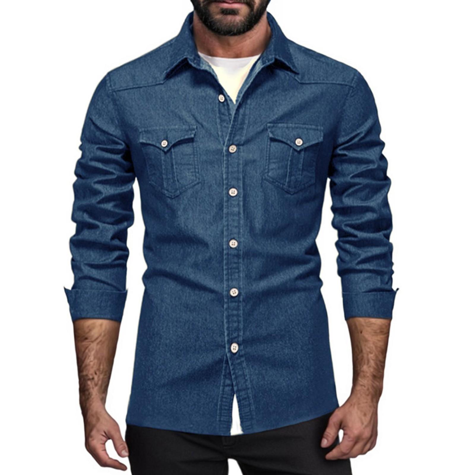 

Мужская летняя однотонная рубашка с лацканами и длинными рукавами, мужская повседневная модная рубашка с длинными рукавами XXXL синий