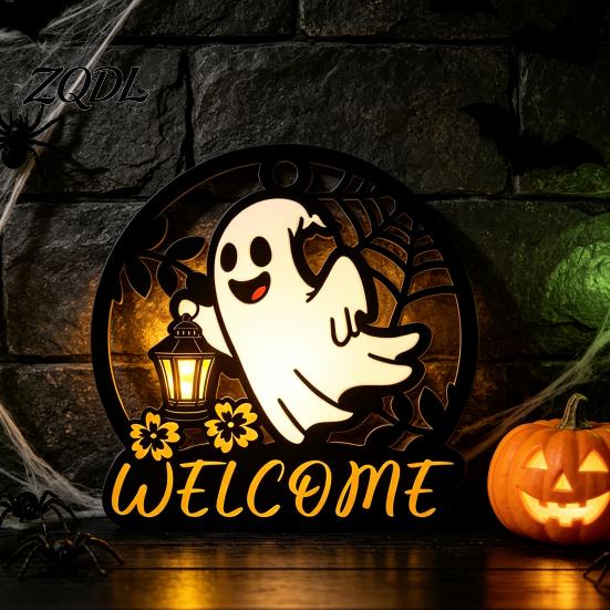 Autumn Seasonal Welcome Decor Halloween Ghost Pumpkin Round Wooden Door Hanger, Wall Plaque Hanging with Rope Rope, for Front Living Room Party