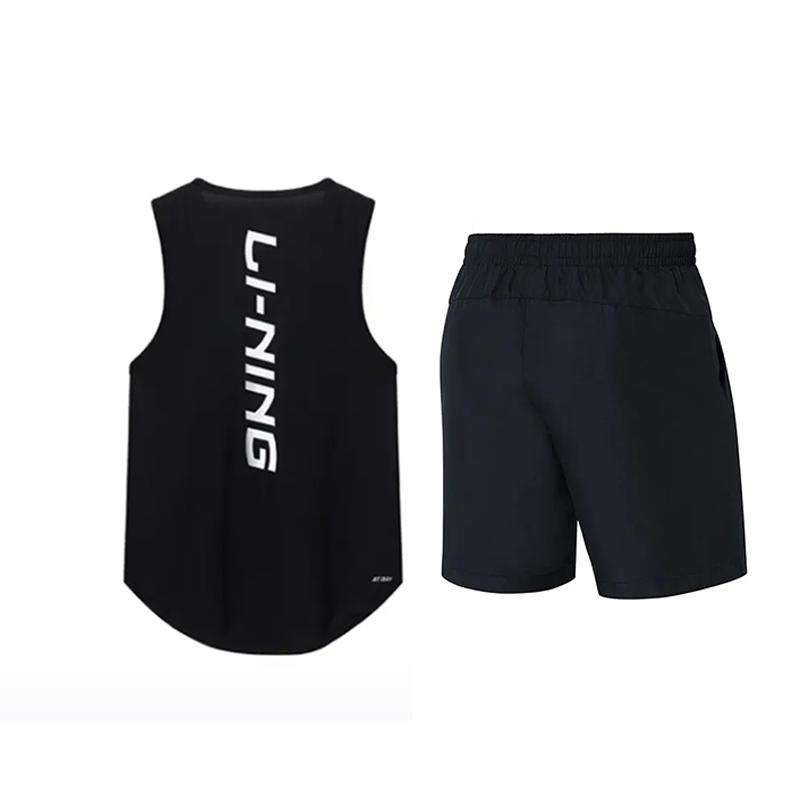 Li-Ning Comfortable Round Neck Pullover Simple Top Breathable Versatile Fashion Five-Point Shorts Casual Sports Suit Unisex Suit YVSV021-2+YKST119-1
