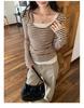 Petite Korean Style Faux Layer Striped T-Shirt for Women - Autumn/Winter 2025 Arrival