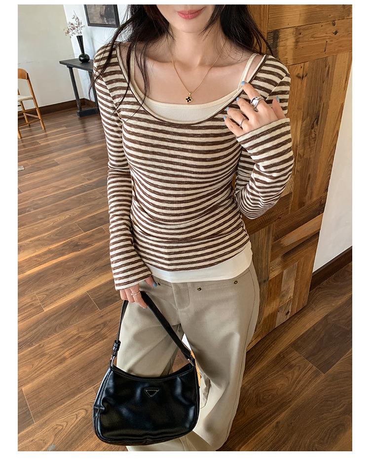 Petite Korean Style Faux Layer Striped T-Shirt for Women - Autumn/Winter 2025 Arrival