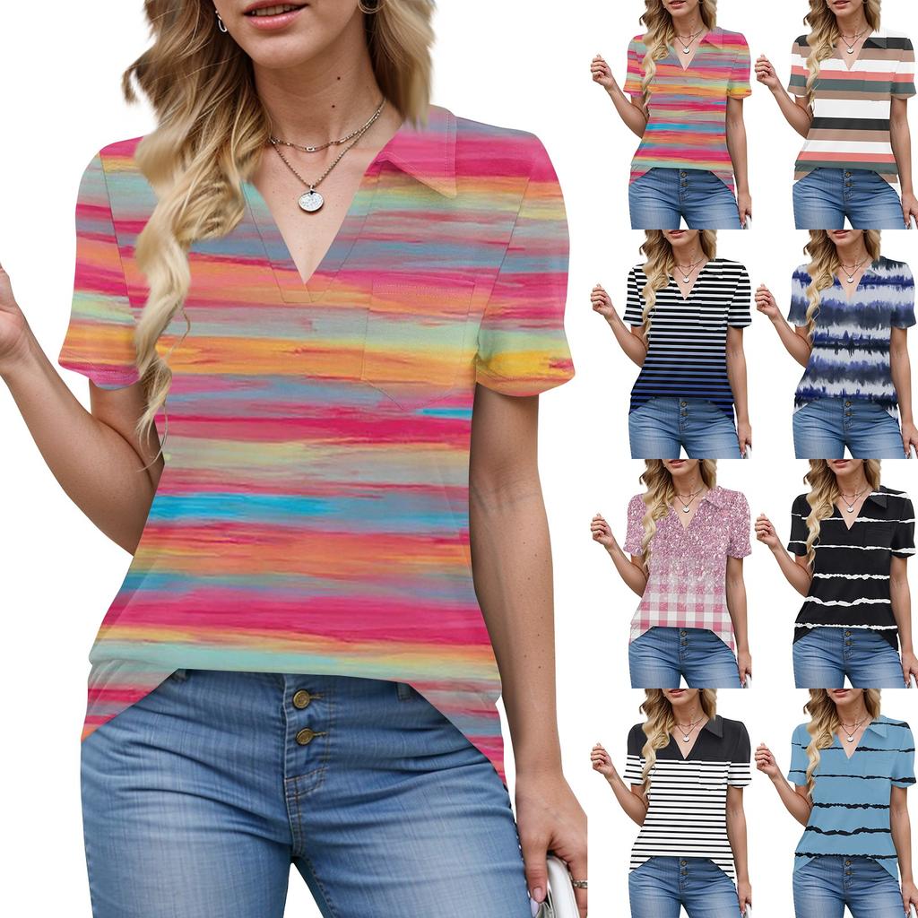 Womens Shirts Summer Business Casual Work Tops Short Sleeve Button Down Collared V Neck Blouse T-Shirt