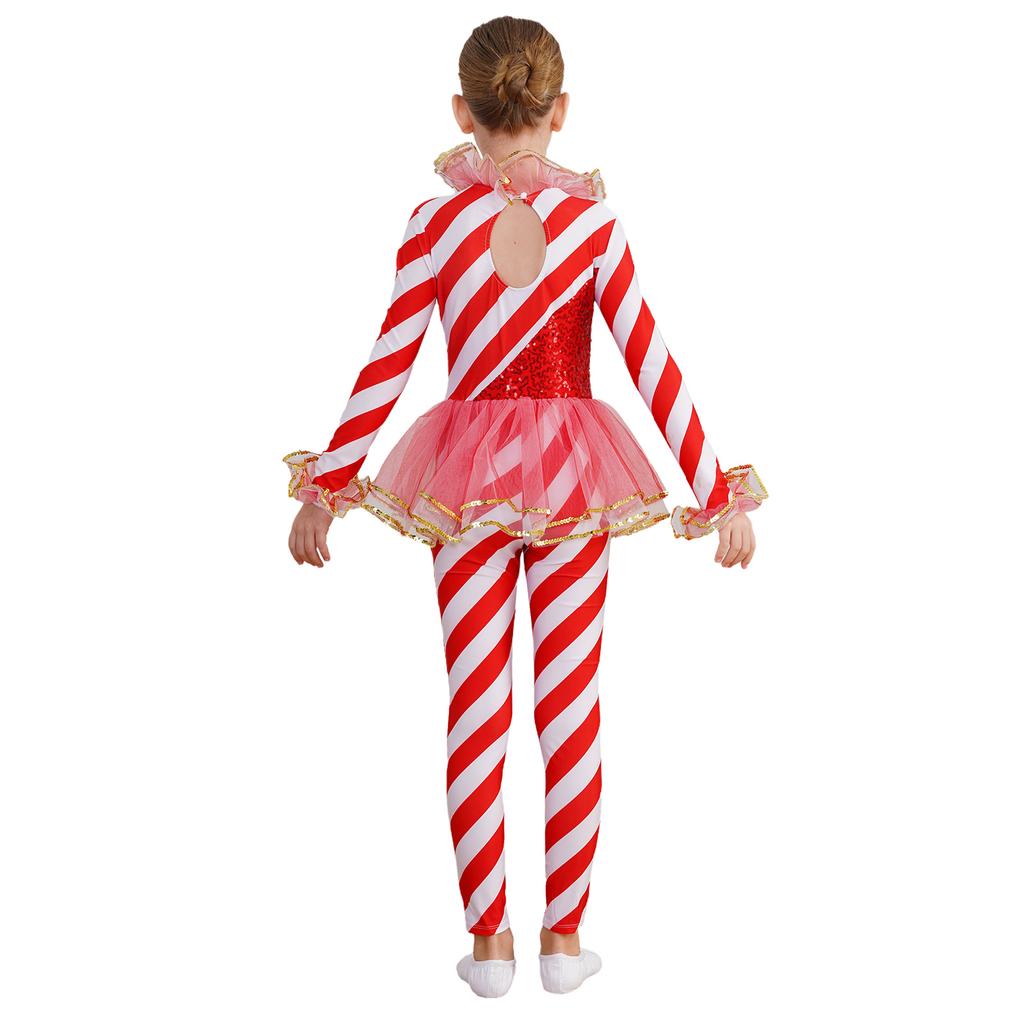 Girls Striped Jumpsuit Round Neck Long Sleeve Sequin Dance Leotard Christmas Party Wear