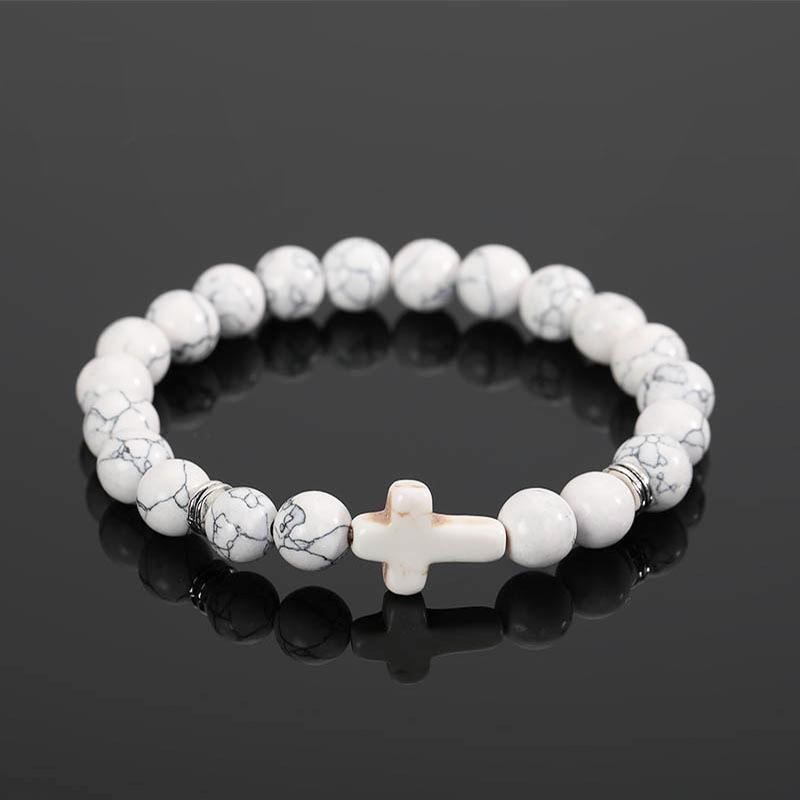 Natural Tiger Eye Quartz Turquoise Volcanic Stone Elastic Beaded Bracelets for Men Women Personality Cross Bracelet Jewelry Gift