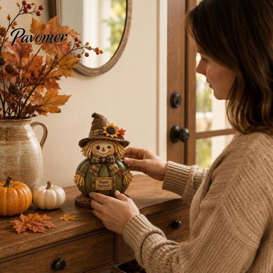 Thanksgiving Indoor Outdoor Decorations 3 Pcs Fall Wooden Scarecrow Figurines, Farmhouse Rustic Statue with Maple Rural Style Fireplace Decor