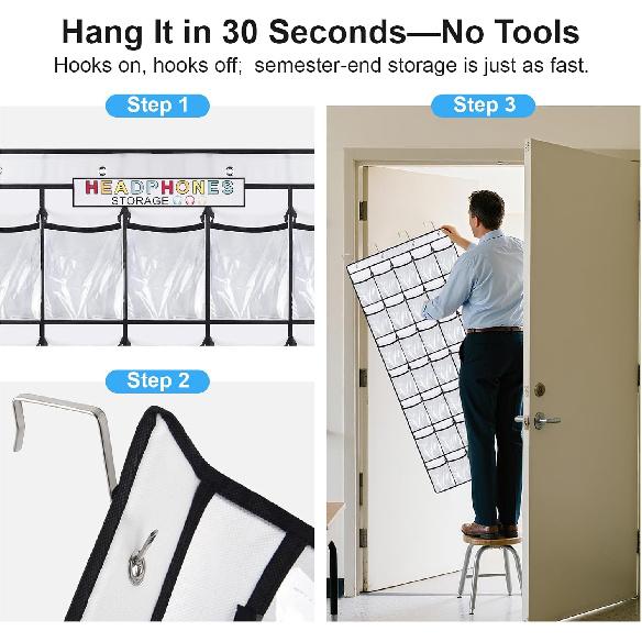 Headphone Storage Classroom,Over The Door Hanging Classroom Headphone Storage with Digital Stickers,35 PVC Clear Organizer Holder Pockets with 4