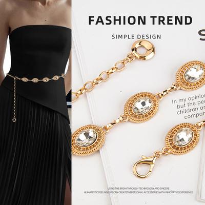 Niche Light Luxury Style Retro Metal Hollow Waist Chain Women's Rhinestone Chain Fashionable Skirt Thin Belt Women