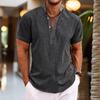 Men's shirt summer solid color stand-up collar men's semi-cardigan, linen short-sleeved shirt