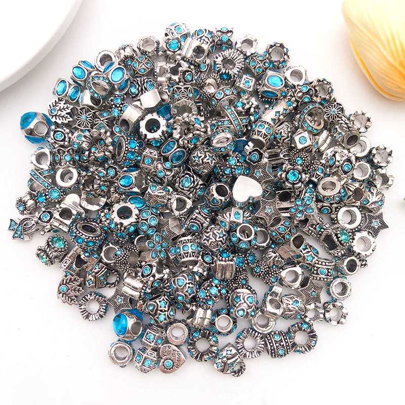 10pcs Colorful Antique Silver Rhinestone Spacer Beads Large-Hole Crystal Glass European-Style Beads for DIY Snake Chain Jewelry