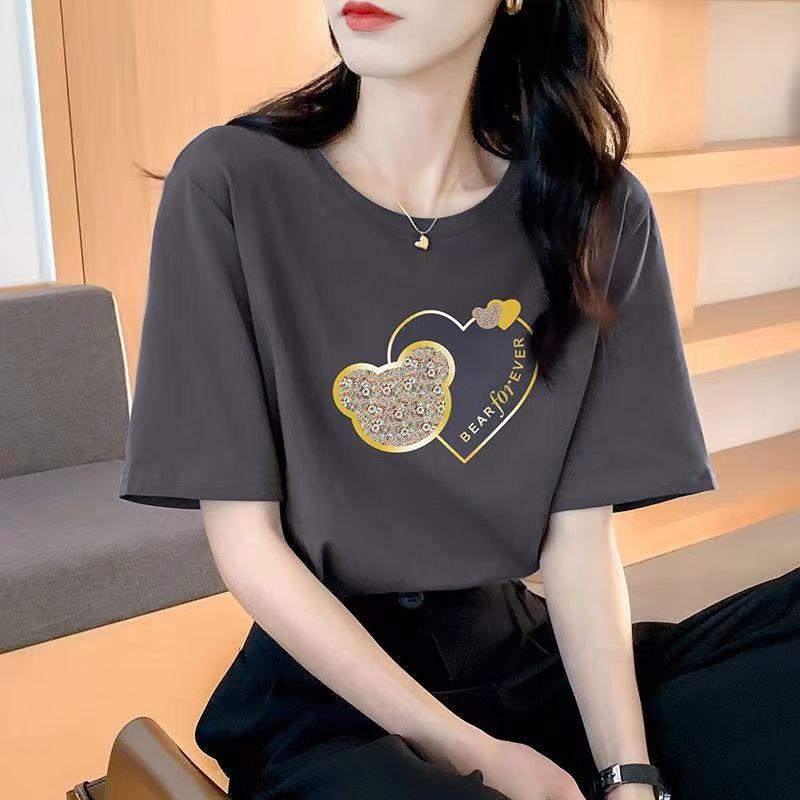 VEZFAA Damenmode Casual Sommer Frühling Liebesbrief Druck Kurzarm O-Ausschnitt Blusen & Hemden