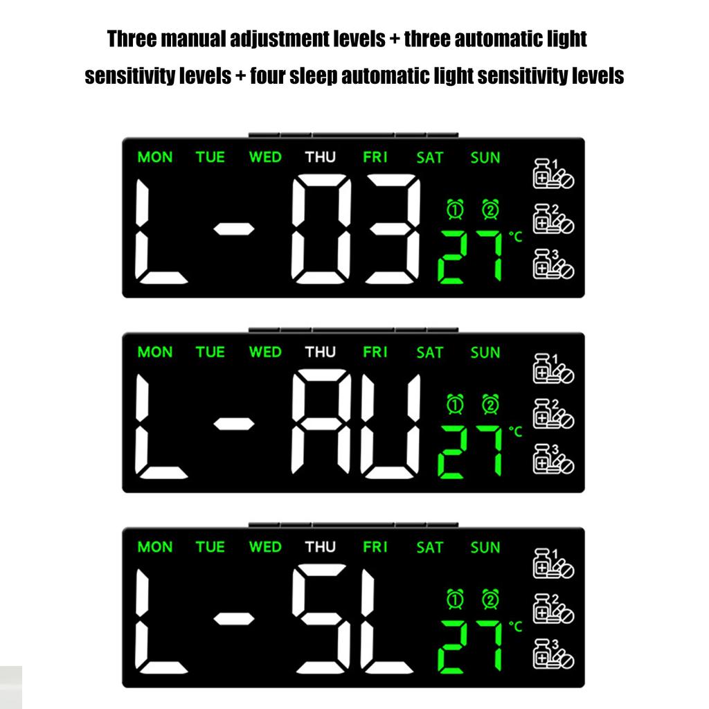 Modern LED Digital Alarm Clock With Pill Reminder And Brightness Adjustment Temperature Display For Home Office Decors
