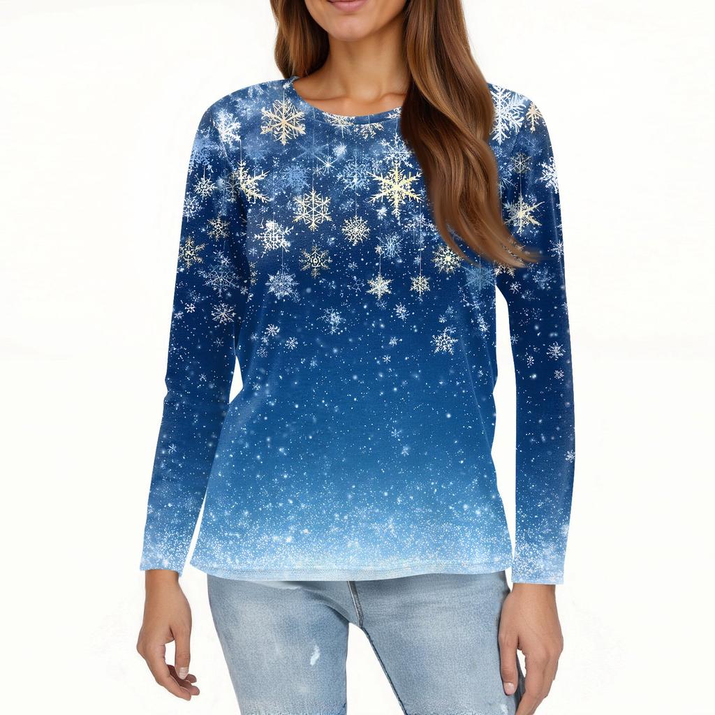 Women's Fashion Casual Christmas Printed Round Neck Long Sleeve Pullover Top