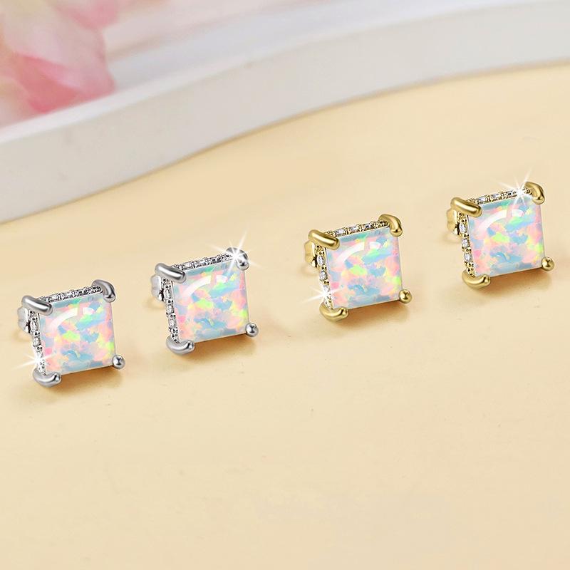 Square Gold Opal Stud Earrings Copper Gold-plated High-quality Kyocera Opal Opal Explosive Earrings
