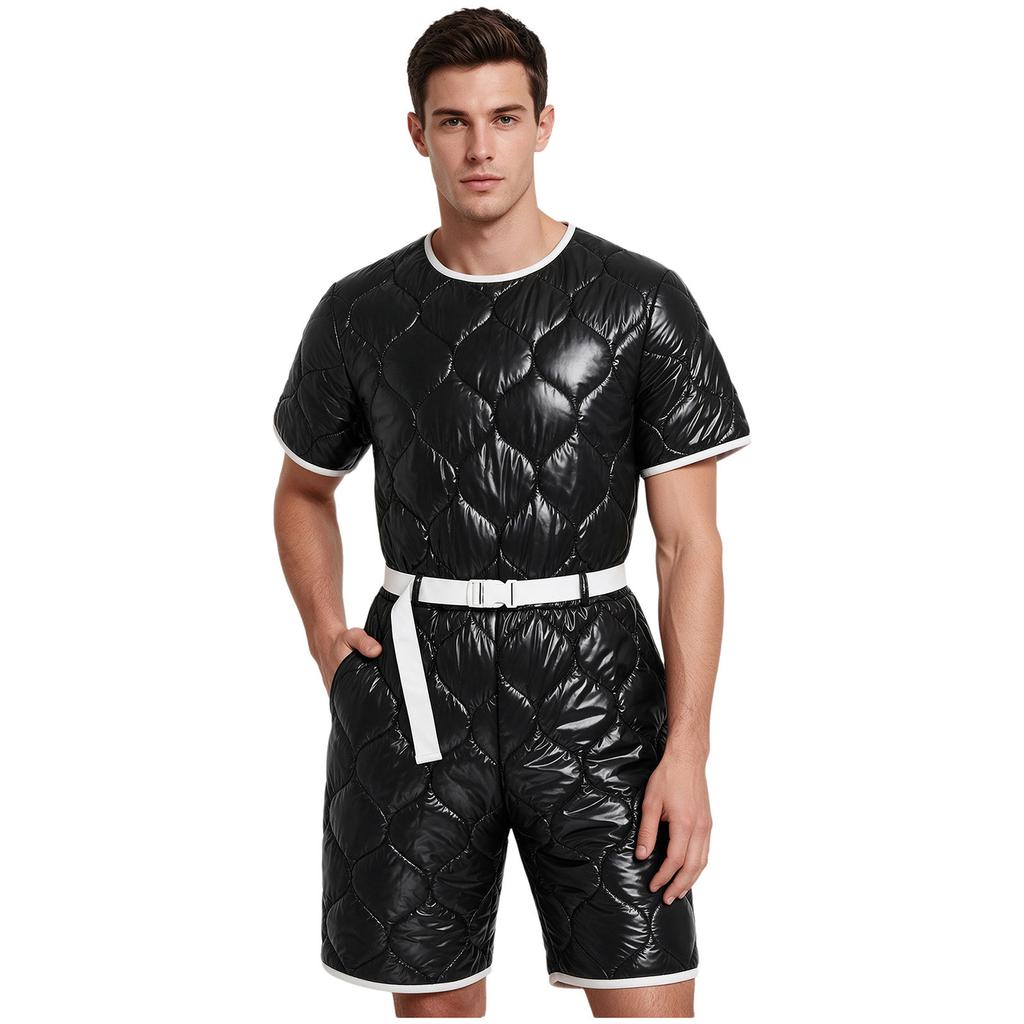 Men Short Sleeve Padded Jumpsuit Water Resistant Back Invisible Zipper Thigh Length Bodysuit with Pockets Adjustable Belt for Easy Dressing