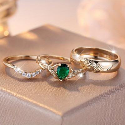 3 Pcs/set Teardrop Cut Green Stone CZ Claw Rings Set Golden Color Leaf Floral Jewelry Set Valentine's Day Gift
