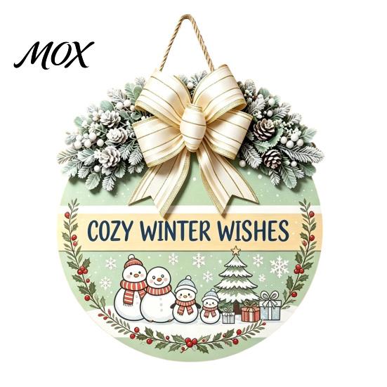 Festive Home Decoration Christmas Wooden Welcome Sign for Front Door, Round Hanging Ornament with Rustic Winter Wreath Artificial Pine Branches & Bow