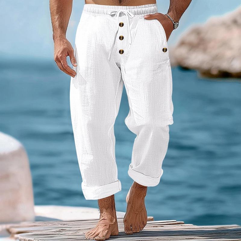 Men Solid Color Linen Loose Drawstring Button Casual Long Pants