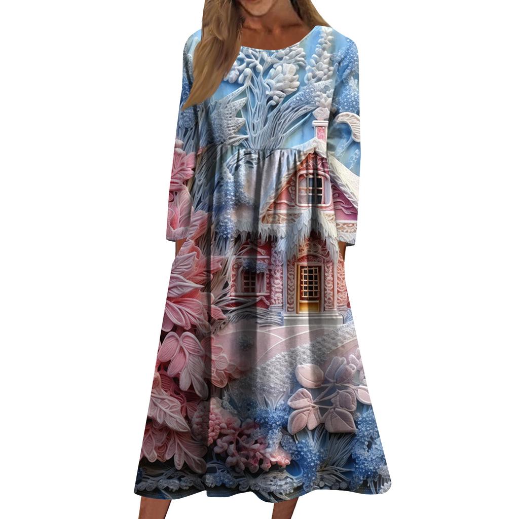 Women's Casual Crew-neck Christmas Print Mid-length Dress Long-sleeved Dress With Pocket