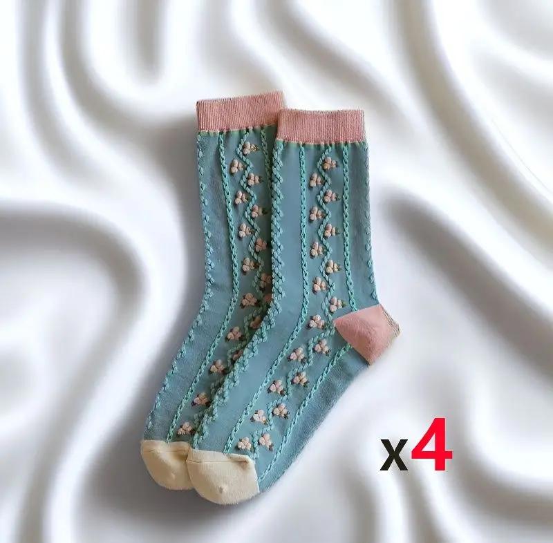 4 Pairs 3D Textured Ankle Socks Set, Floral Embossed Cottagecore Socks for Women, Fashion Casual Low Cut Socks, Women Socks One Size