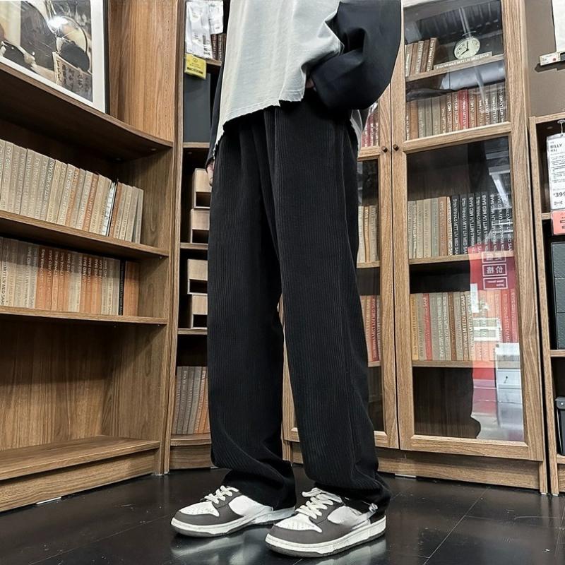 Men's Autumn Winter Fleece Lined Thickened Corduroy Pants Drooping Straight Leg Loose Wide Leg Retro Casual Sports Pants