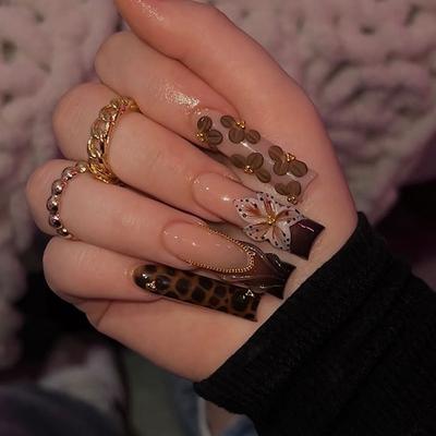Press On Nails Long Square Fake Nails French Tip Glue On Nail with Leopard Print Designs False Acrylic Nails Full Cover Stick On Nail for Women