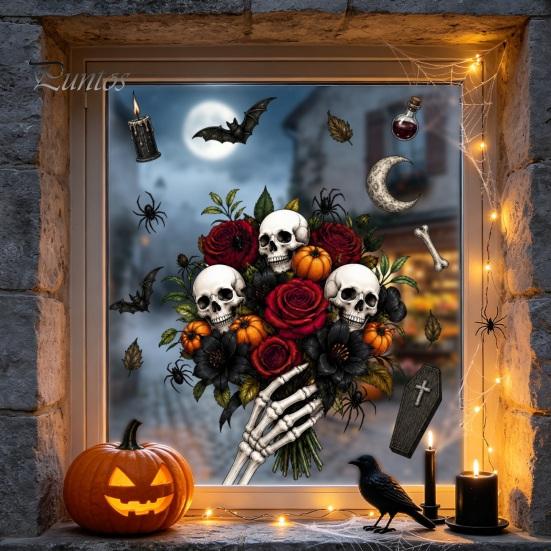 Holiday Atmosphere Window Embellishments Halloween Static Sticker, Castle/Bat/Pumpkin/Bouquet Printed, PVC Waterproof Festive Autumn Festival