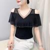 New Korean Summer Women's T-Shirt Hot Diamonds V-Neck Bling Tees Fashion Short-Sleeve Sexy Off The Shoulder Tops