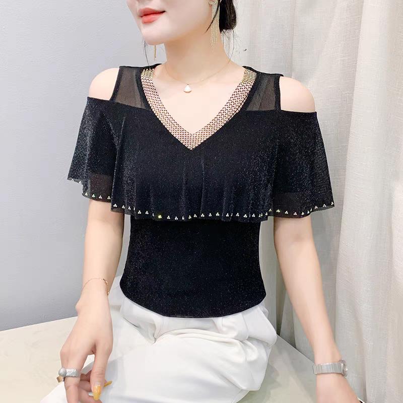 New Korean Summer Women's T-Shirt Hot Diamonds V-Neck Bling Tees Fashion Short-Sleeve Sexy Off The Shoulder Tops