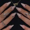 24PCS Metallic Silver Lines Patterns French Press On Nails Full Cover Simple Nude Almond Fake Nails for Women Trendy Nail Tips
