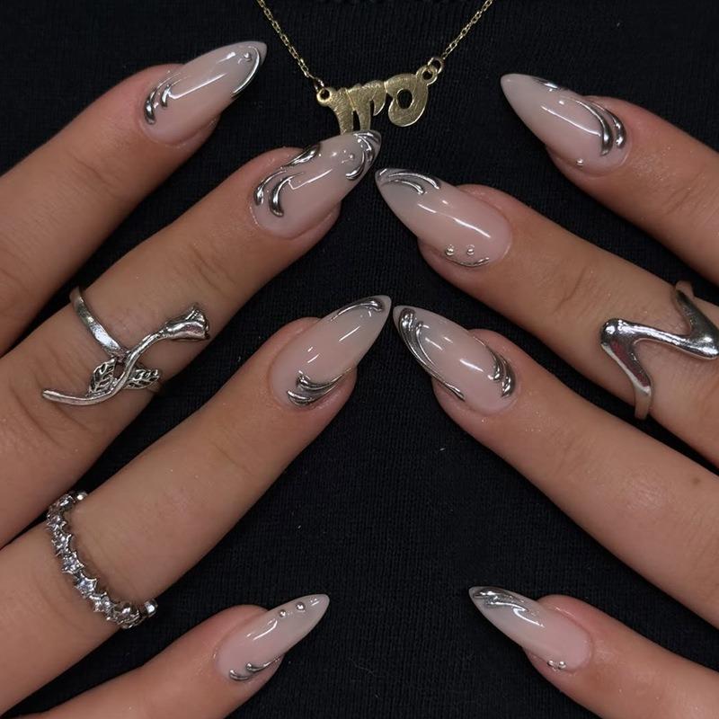 24PCS Metallic Silver Lines Patterns French Press on Nails Full Cover Simple Nude Almond Fake Nails for Women Trendy Nail Tips