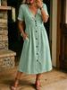 Abito midi da donna in lino con scollo a V e bottoni, casual estivo, manica corta, lungo, con tasche