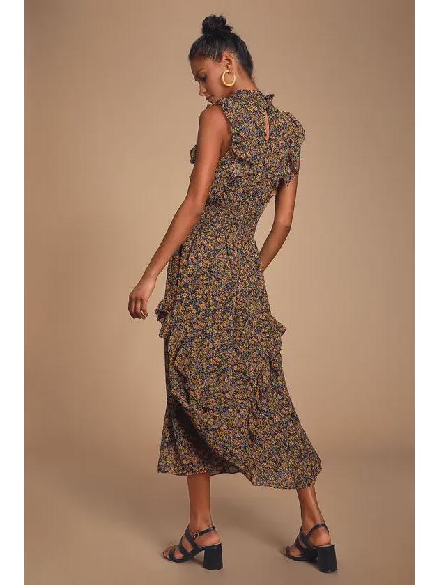 2023 Retro Floral Print Sleeveless Ruffle Dress for Women