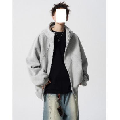 Heavy and Thickened Deconstruction Splicing Hooded Cardigan Sweater Men's and Women's Winter Trendy Design Sense Fleece Boxy Couple Jacket