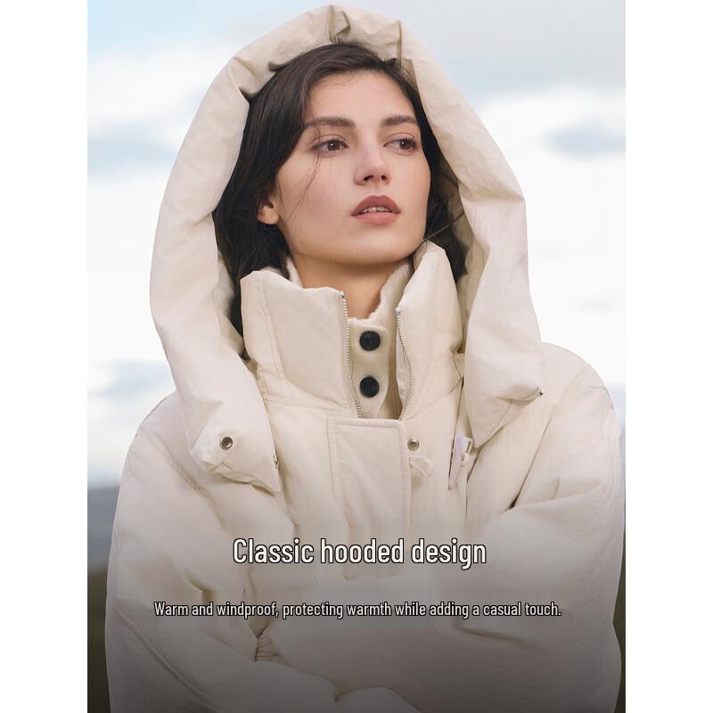 ELLE Women's Hooded Textured White Duck Down Long Jacket